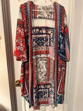 Boho Patchwork Open-Front Cardigan Sweater - Red Floral